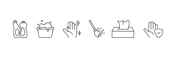 Set of  line cleaning icon collection. Washing, Washing floors, windows, dishes, clothes symbol.