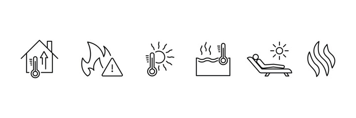 Set of liner hot temperature icon collection. fire, heat, sun, hot and cold weather, summer and spring symbol.