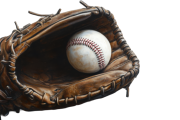 Worn baseball glove holding white ball

