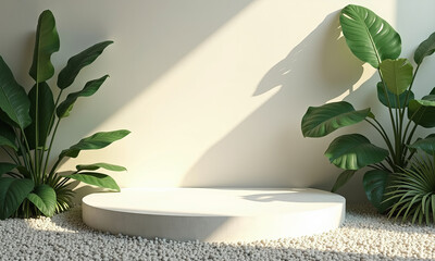 A white concrete platform with a pebble stone floor surrounded by soft sunlight and leafy green shadows of monstera and eucalyptus.