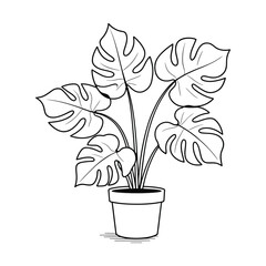 Monstera Deliciosa Line Art in Pot, Minimal Black and White Botanical Illustration