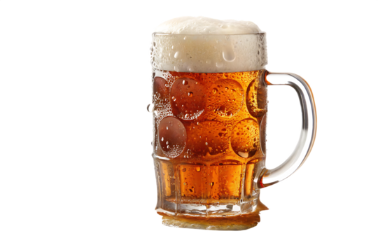 mug of amber beer with foam and condensation isolaton on background white