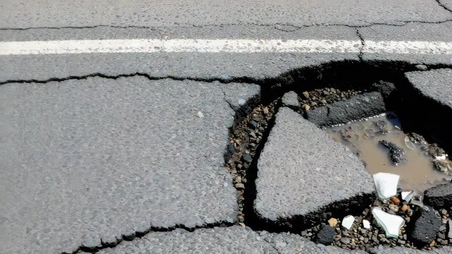 Deep Pothole in Cracked Asphalt Road with White Line Road Damage and Dilapidation