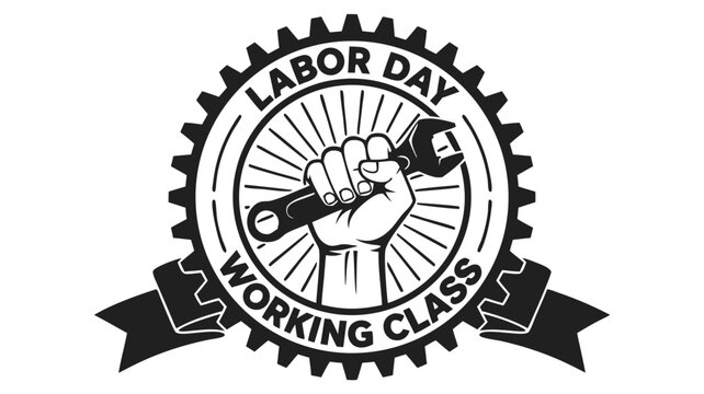 Black and White Labor Day Fist Holding Wrench in Gear with Banner