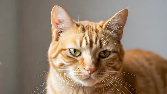 Detailed Ginger Cat Potrait with Green Eyes Soft Lighting and Gray Background