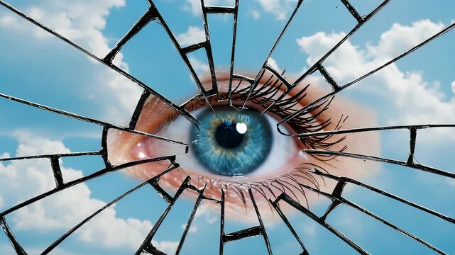 Dramatic Blue Eye Gazing Through Shattered Glass With Cloudy Sky Backdrop For Adobe Stock Photo