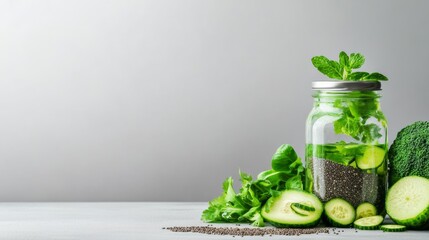 detox clean eating plan layout with infused water, chia, green vegetables, minimal decor,