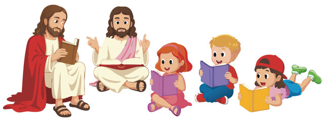 Fototapeta premium Cartoon Illustration Jesus Reading Books to Adorable Children, Bible Storytelling, Religious Education
