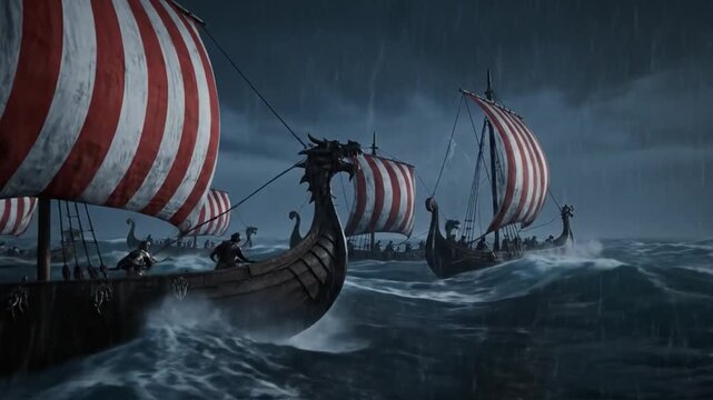 Viking longships sailing in a stormy sea