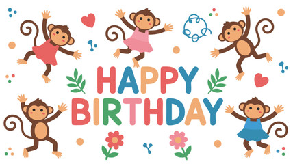 Cartoon Monkeys Celebrating a Happy Birthday with Flowers, Hearts, and Confetti on White Background