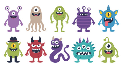 Obraz premium Cartoon Monster Collection Colorful Illustration of Ten Friendly, Funny Aliens with One, Two, Three Eyes