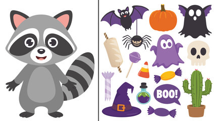 Naklejka premium Cartoon Raccoon with Halloween Icons Including Ghosts, Candy, Skull, Cactus, and Witch Hat