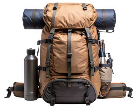 Adventure Travel Backpack with Camping Gear Attached, isolated PNG - Powered by Adobe