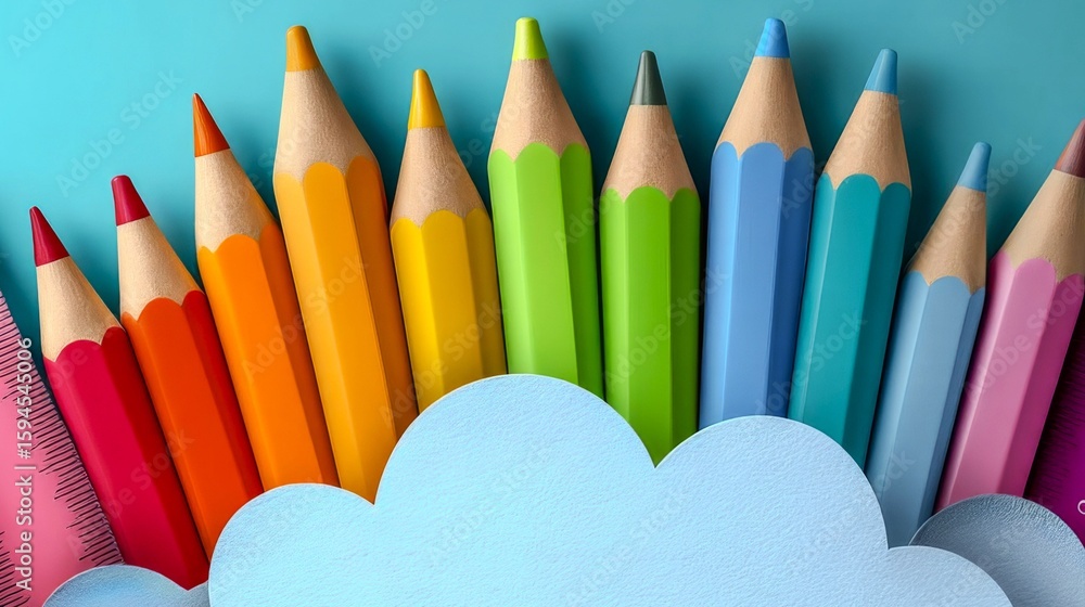 Poster a row of colorful pencils are arranged in a circle around a cloud. the pencils are of different colo