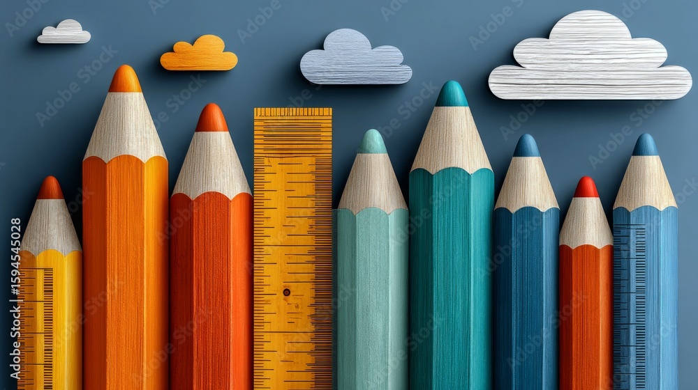 Poster a row of pencils and a ruler are arranged in a way that they look like a city skyline
