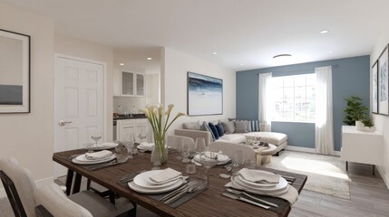Fototapeta premium Open-concept living area with a dining space.