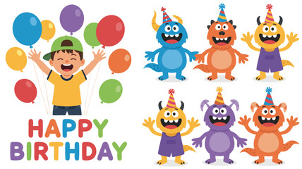 Naklejka premium Cheerful Boy with Balloons Beside Happy Birthday Text and Playful Monsters Cartoon Illustration