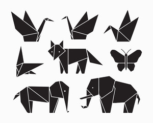 Collection of black origami animals including birds elephants butterfly and a fox on white background