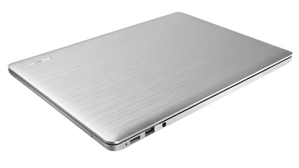 Silver laptop computer notebook pc portable device technology electronics modern sleek design closed top view png on transparent background