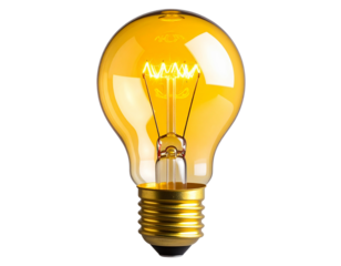 Lit Light Bulb with Filament Glowing Warm Yellow, isolated PNG