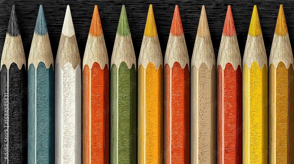 Poster a row of pencils with different colors and sizes. the pencils are arranged in a line, with the first