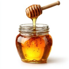 A honey jar filled with honey and a wooden spoon