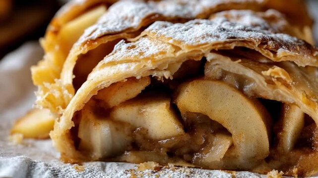 Delicious apple strudel preparation in cozy kitchen setting with natural lighting