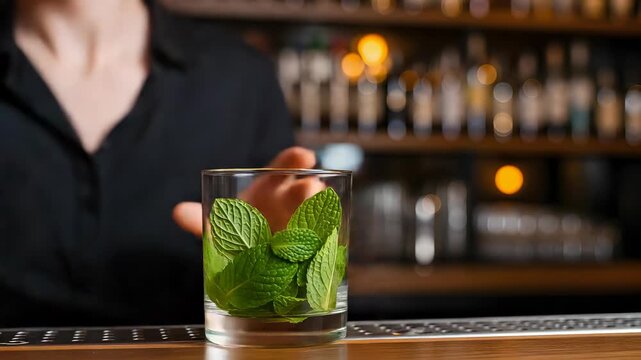 Hands Muddling Mint Leaves In Glass With Wooden Muddler On Bar Top Under Warm Light