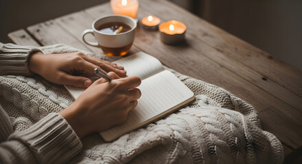 Cozy scene of person writing in a journal with tea and candles warm autumn aesthetic
