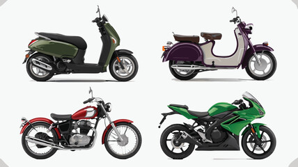 Obraz premium Four Different Cartoon Motorbikes and Scooters Illustration Olive Green, Red, Purple, and Bright Green