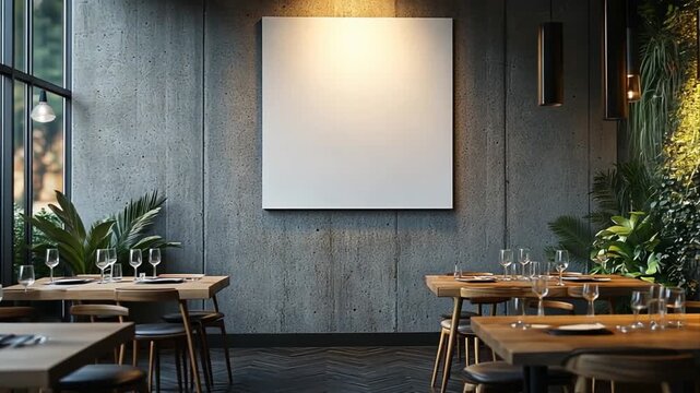elegant restaurant interior with blank canvas on concrete wall offering copy space providing a sophisticated backdrop for showcasing artwork or designs