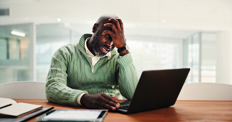Frustrated, black man and accountant with stress on laptop for project budget or debt in office....