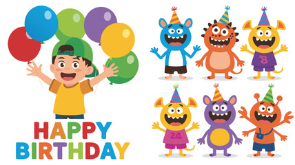 Naklejka premium Happy Birthday Cartoon Featuring a Boy With Balloons and Party Monsters On White Background