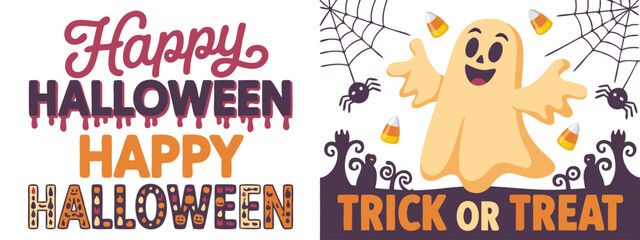 Fototapeta premium Happy Halloween Trick or Treat Cartoon Ghost, Spiders, Candy Corn Design