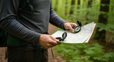 Explorer holding map and compass in forest, navigating outdoors adventure