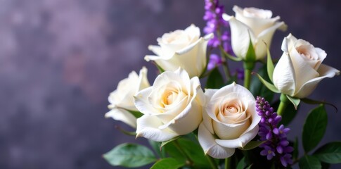 Elegant white roses and purple blooms bouquet, decoration, purple