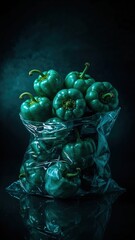 Fototapeta premium Vibrant teal bell peppers in plastic bag: a unique twist on traditional produce imagery
