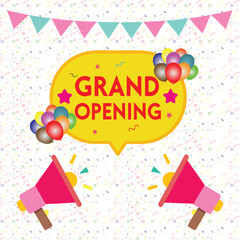 Celebrate a grand opening with festive balloons, pennants, and megaphones, announcing the exciting event.