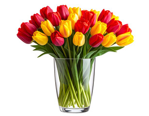  Crystal Clear Glass Flower Vase with Fresh Tulips, isolated on transparent background PNG