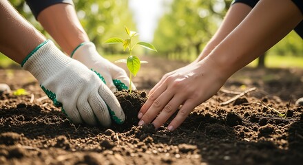 Collaborative Hands Nurturing a New Sapling in Golden Orchard Light.