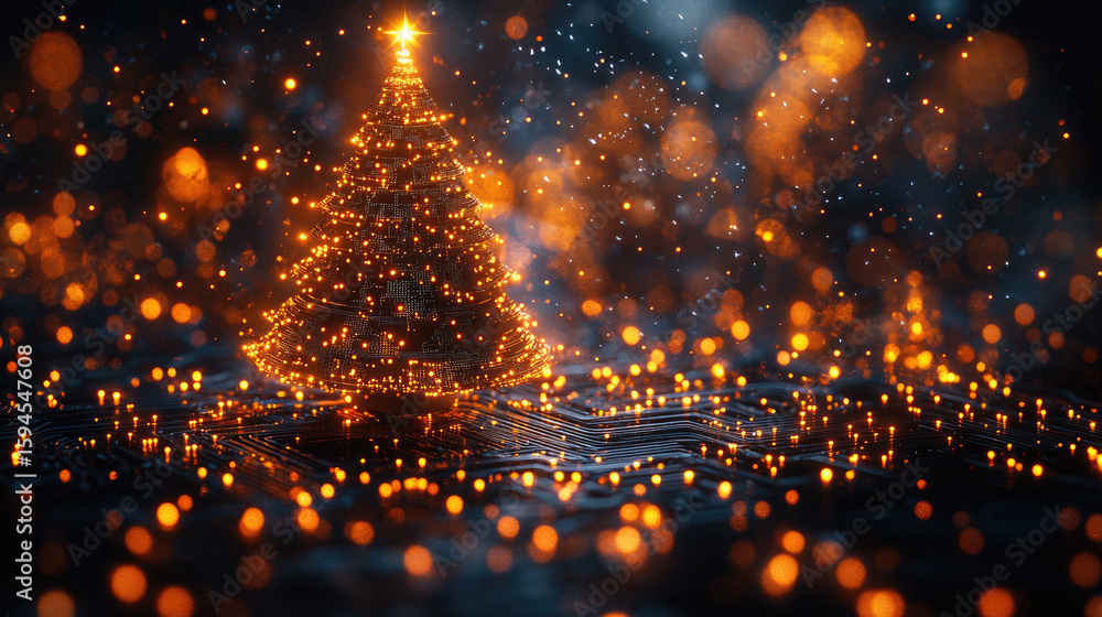 Poster futuristic christmas tree with circuit patterns and glowing led lights. ideal for modern holiday dec
