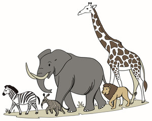 Obraz premium A cute, tall cartoon giraffe, elephant, and zebra standing among a set of funny wild safari park animals on a white isolated background