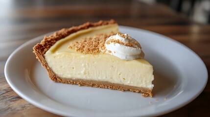 Slice of creamy custard pie with whipped cream on a white plate