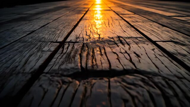Rough Wooden Surface Reflects Golden Sunset Light on Texture Grain Floor