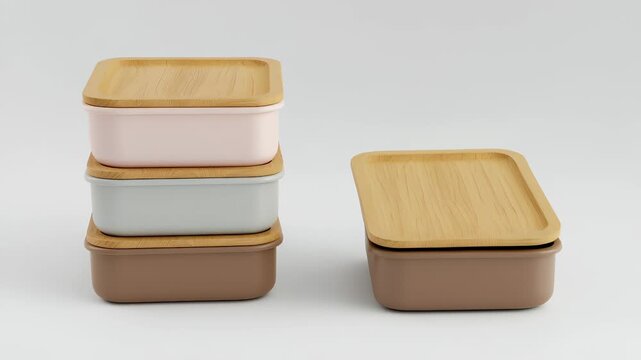 Stacked Colorful Containers with Wood Lids Pink Gray Brown Isolated on White