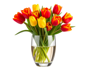 Crystal Clear Glass Flower Vase with Fresh Tulips, isolated on transparent background PNG 