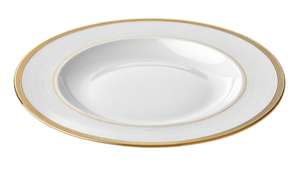 White porcelain soup plate with gold trim elegant tableware dinnerware fine dining kitchenware restaurant supply png on transparent background