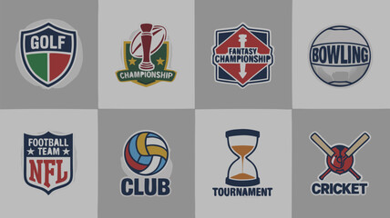 Various Sports Logos Featuring Golf, Football, Volleyball, Cricket, Fantasy Championships, and Bowling on Gray Background