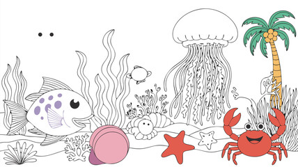 Obraz premium Undersea World Coloring Page Fish, Crab, Jellyfish, Starfish, Palm Tree Illustration