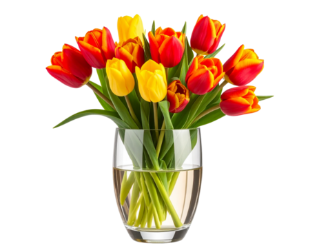 Crystal Clear Glass Flower Vase with Fresh Tulips, isolated on transparent background PNG 